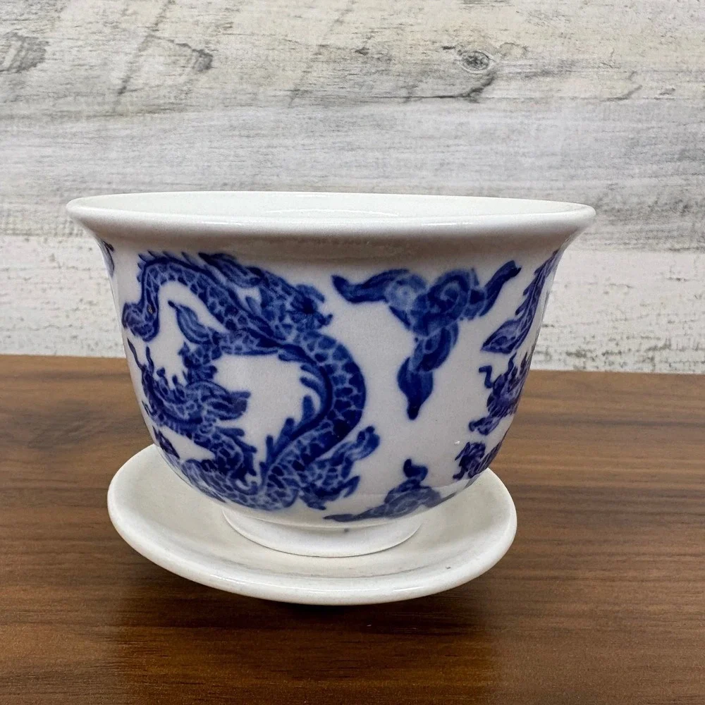 Vintage Chinese Blue Porcelain Dragon Bowl Cobalt‎ Blue with Base 3.5
